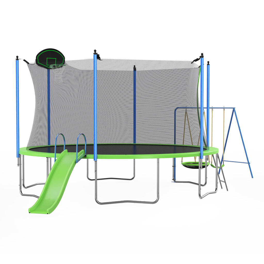 Yeah Depot - 12FT Trampoline with Slide and Swings, ASTM Approved Large Recreational Trampoline with Basketball Hoop and Ladder,Outdoor Backyard Trampoline with Net, Capacity for Kids and Adults
