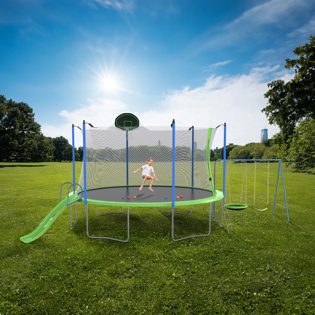 Yeah Depot - 12FT Trampoline with Slide and Swings, ASTM Approved Large Recreational Trampoline with Basketball Hoop and Ladder,Outdoor Backyard Trampoline with Net, Capacity for Kids and Adults