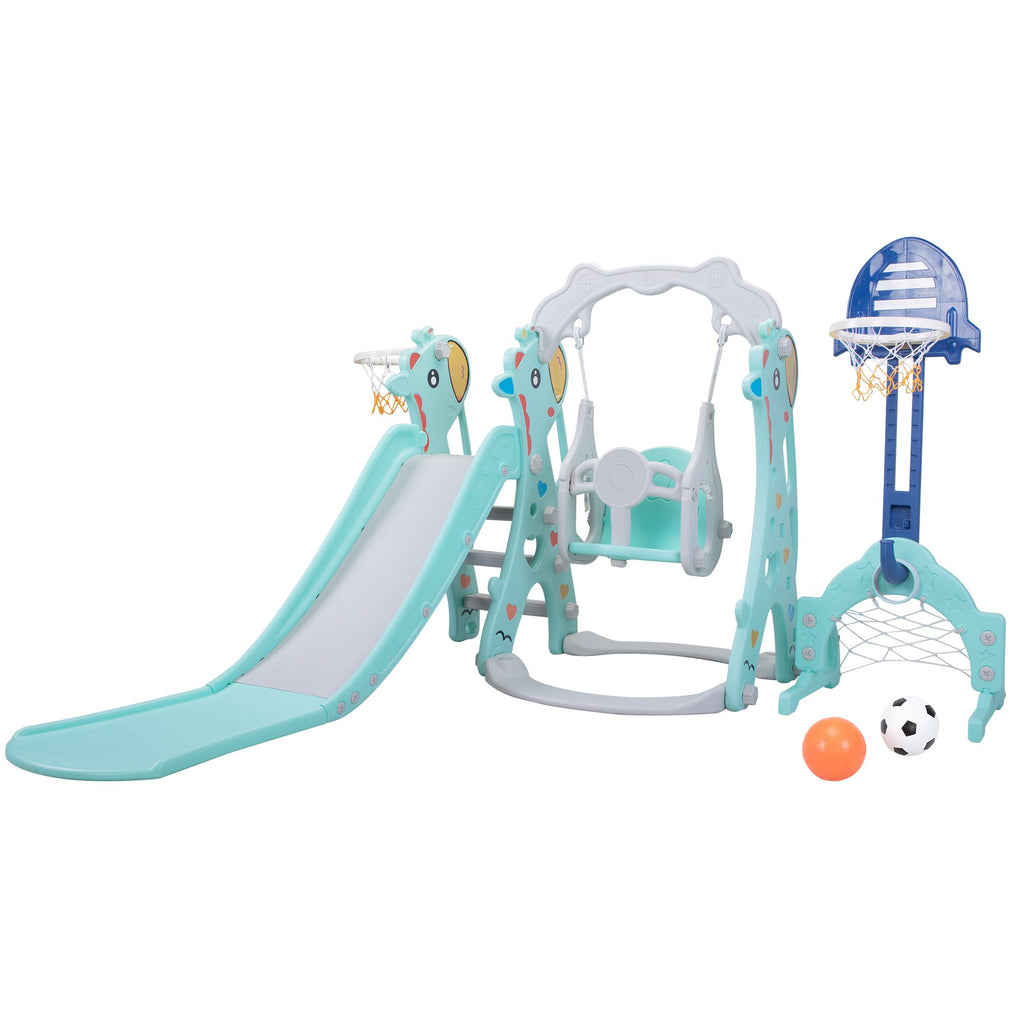Yeah Depot - 5 in 1 Slide and Swing Playing Set, Toddler Extra-Long Slide with 2 Basketball Hoops, Football, Ringtoss, Indoor Outdoor