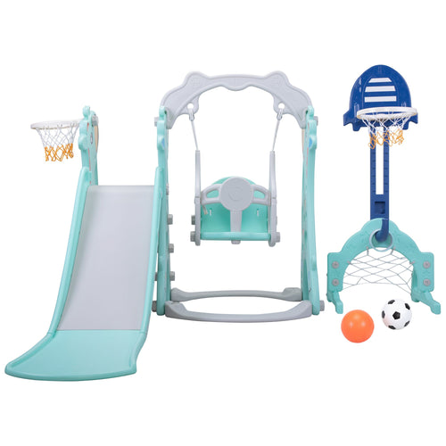 Yeah Depot - 5 in 1 Slide and Swing Playing Set, Toddler Extra-Long Slide with 2 Basketball Hoops, Football, Ringtoss, Indoor Outdoor