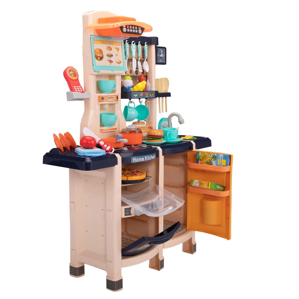 Yeah Depot - Large Pretend Play Kitchen Set Kids Cooking Playset with Realistic Lights, Vivid Sounds, Play Phone, Clock and 65 Pcs Accessories, 3 +, Blue