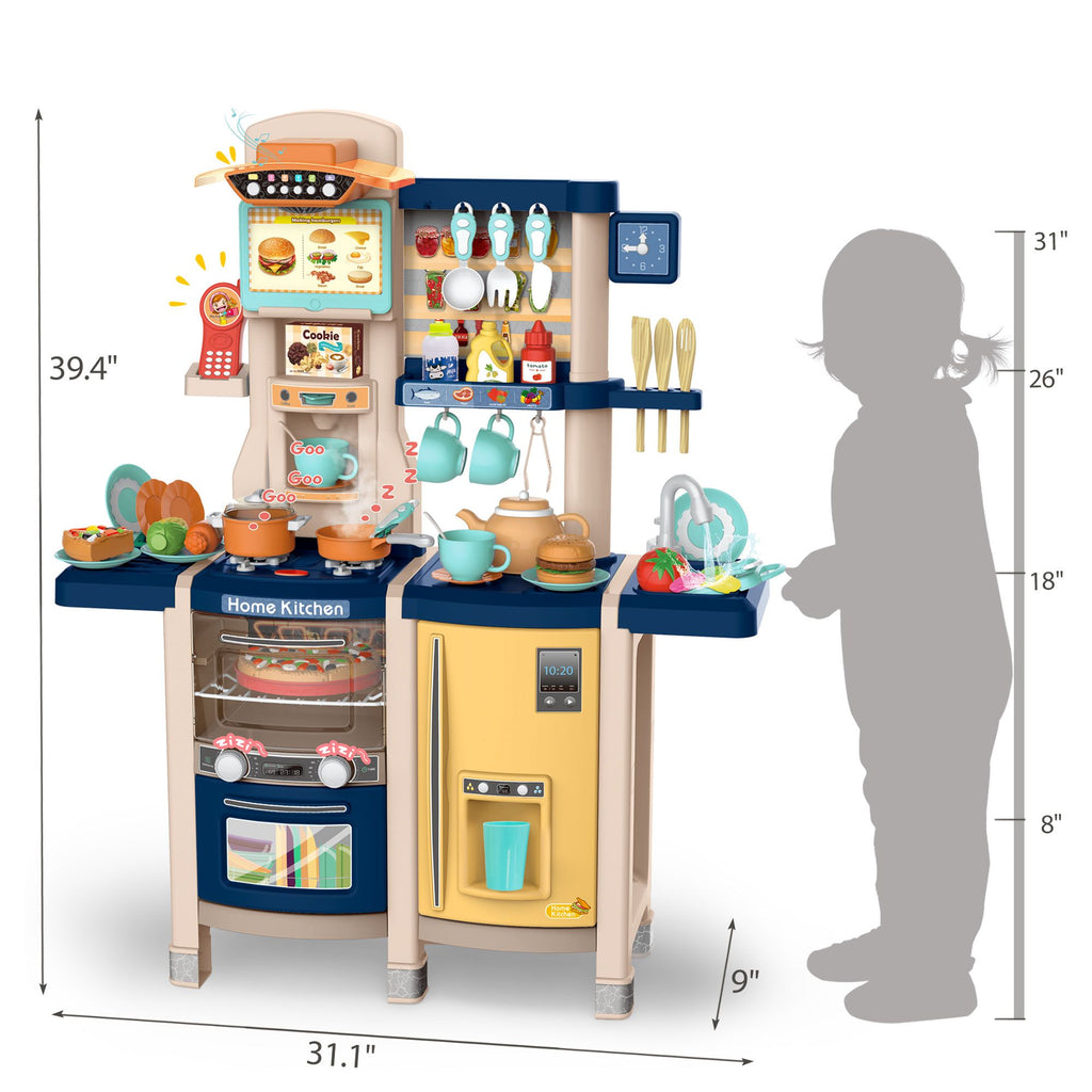 Yeah Depot - Large Pretend Play Kitchen Set Kids Cooking Playset with Realistic Lights, Vivid Sounds, Play Phone, Clock and 65 Pcs Accessories, 3 +, Blue
