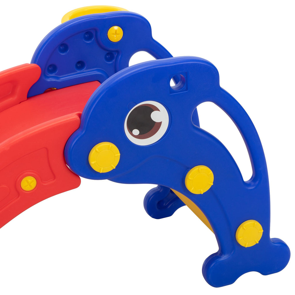 Yeah Depot - Toddler Slide, Dolphin Play Slide for Outdoor and Indoor, Freestanding Climber Playset with Basketball Hoop, Ball and Ladder, Red and Blue