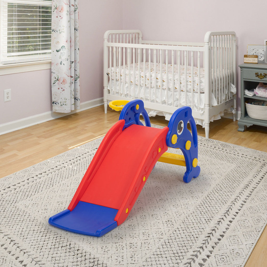 Yeah Depot - Toddler Slide, Dolphin Play Slide for Outdoor and Indoor, Freestanding Climber Playset with Basketball Hoop, Ball and Ladder, Red and Blue