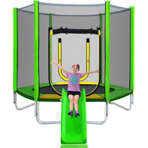 Yeah Depot - 7FT Trampoline for Kids with Safety Enclosure Net, Slide and Ladder, Easy Assembly Round Outdoor Recreational Trampoline