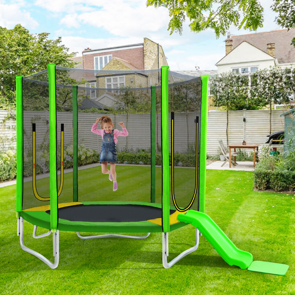 Yeah Depot - 7FT Trampoline for Kids with Safety Enclosure Net, Slide and Ladder, Easy Assembly Round Outdoor Recreational Trampoline