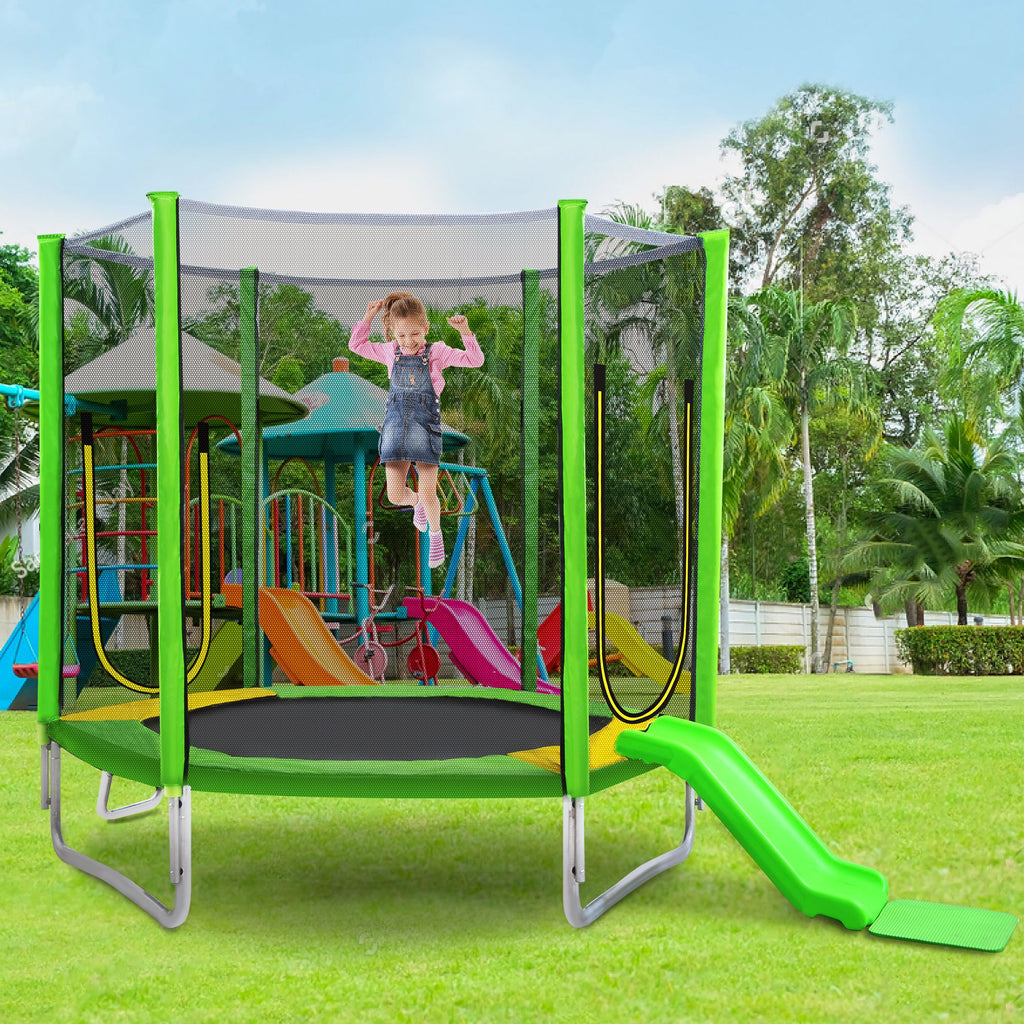 Yeah Depot - 7FT Trampoline for Kids with Safety Enclosure Net, Slide and Ladder, Easy Assembly Round Outdoor Recreational Trampoline