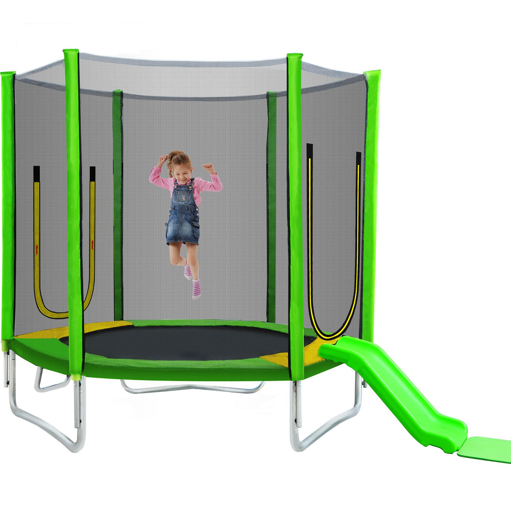 Yeah Depot - 7FT Trampoline for Kids with Safety Enclosure Net, Slide and Ladder, Easy Assembly Round Outdoor Recreational Trampoline