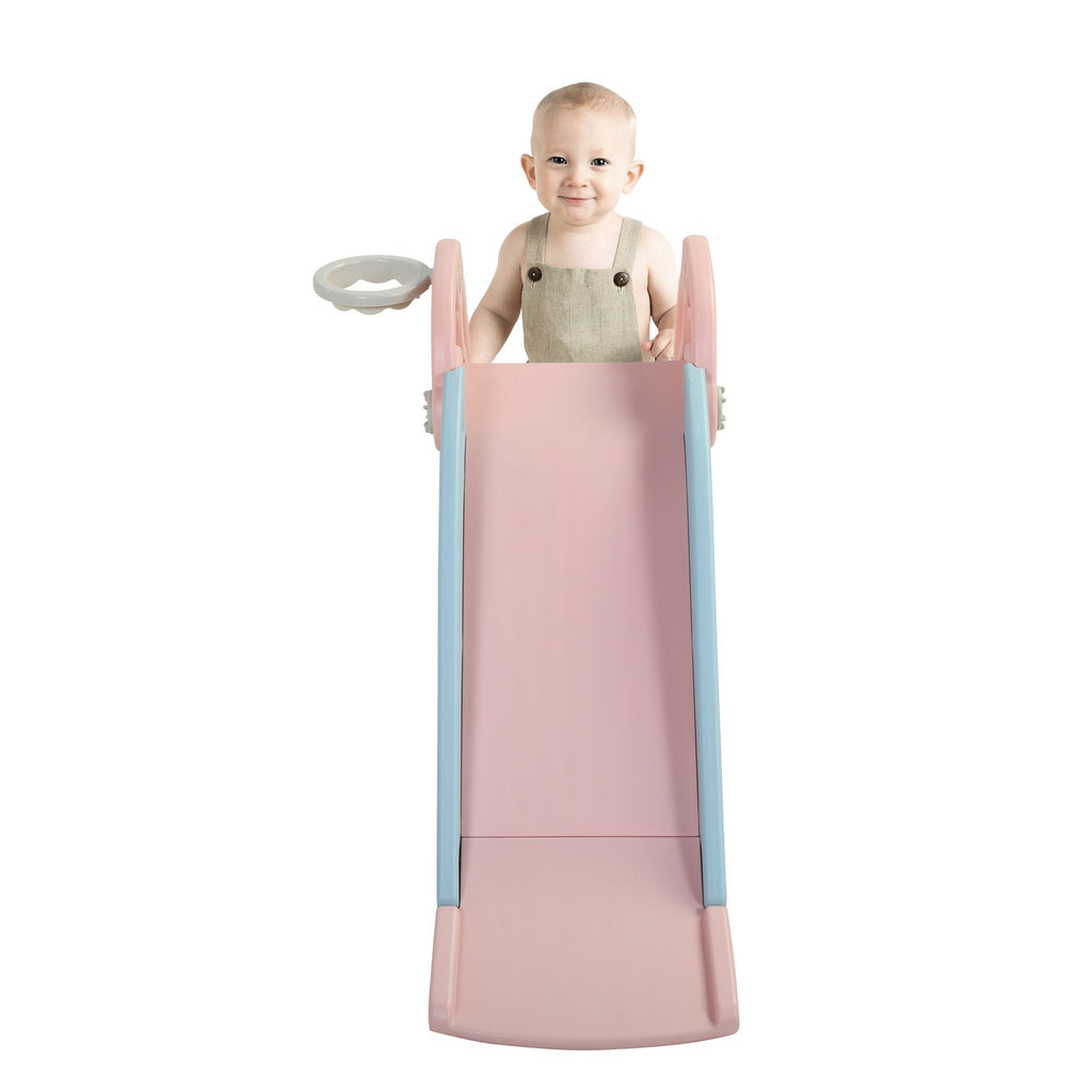 Yeah Depot - 2 in 1 Slide, Toddler Freestanding Extra Long Slide with Basketball Hoop & Ball, Indoor Outdoor, Pink
