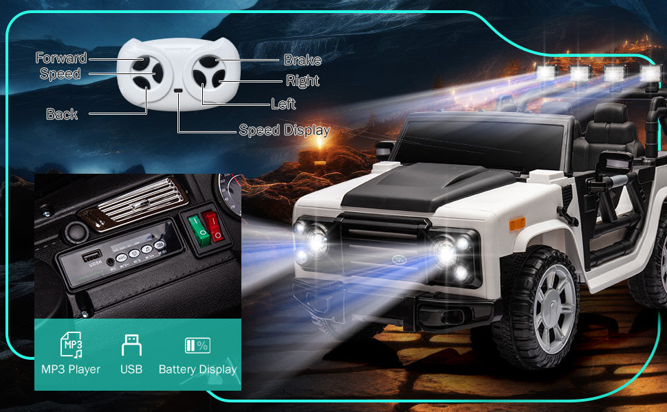 Yeah Depot - 12v7a 30w*2 Four-wheel drive leather seat one button start,forward and backward, high and low speed, music, front light, power display, two doors can open, 2.4G R/C, seat belt four wheel absorber