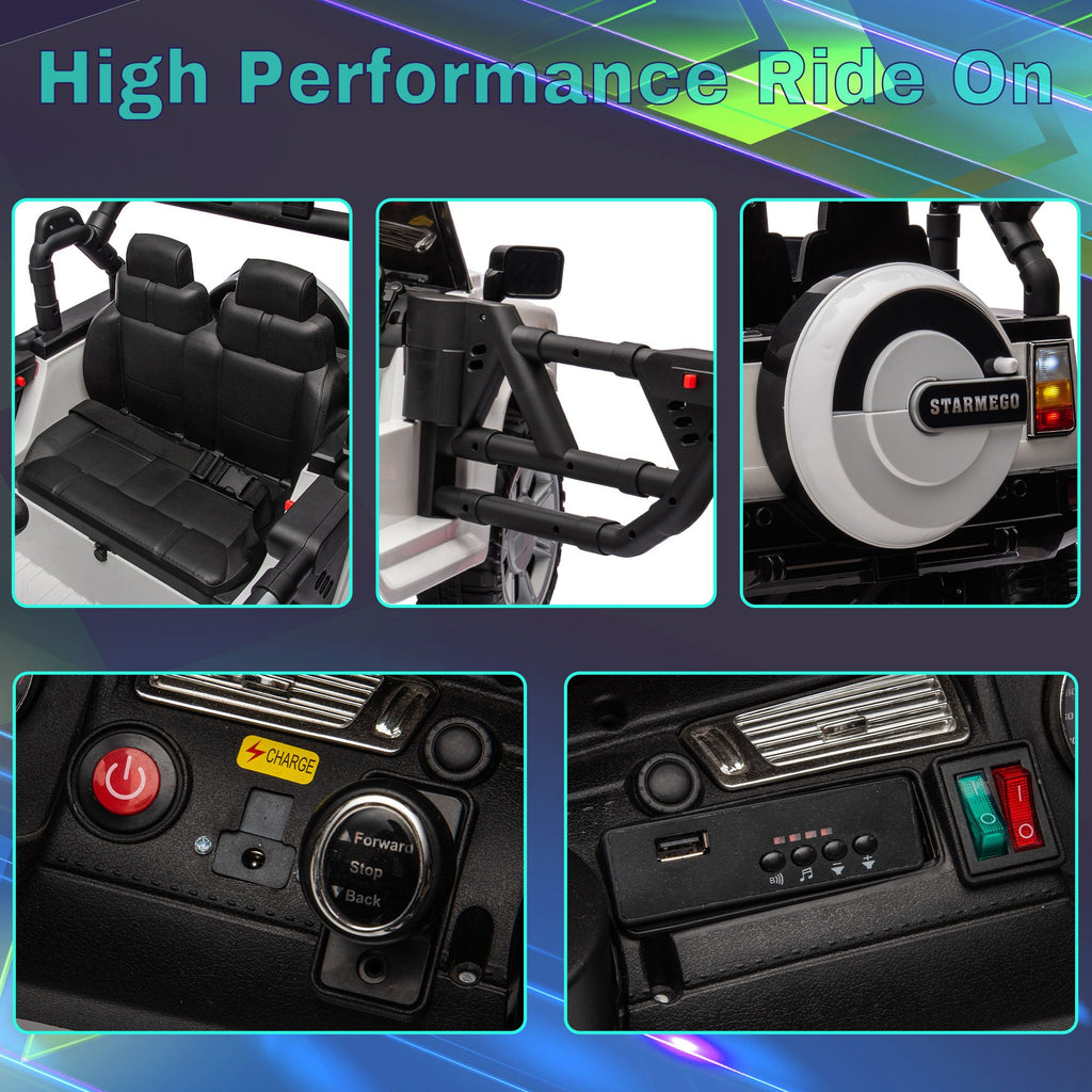 Yeah Depot - 12v7a 30w*2 Four-wheel drive leather seat one button start,forward and backward, high and low speed, music, front light, power display, two doors can open, 2.4G R/C, seat belt four wheel absorber