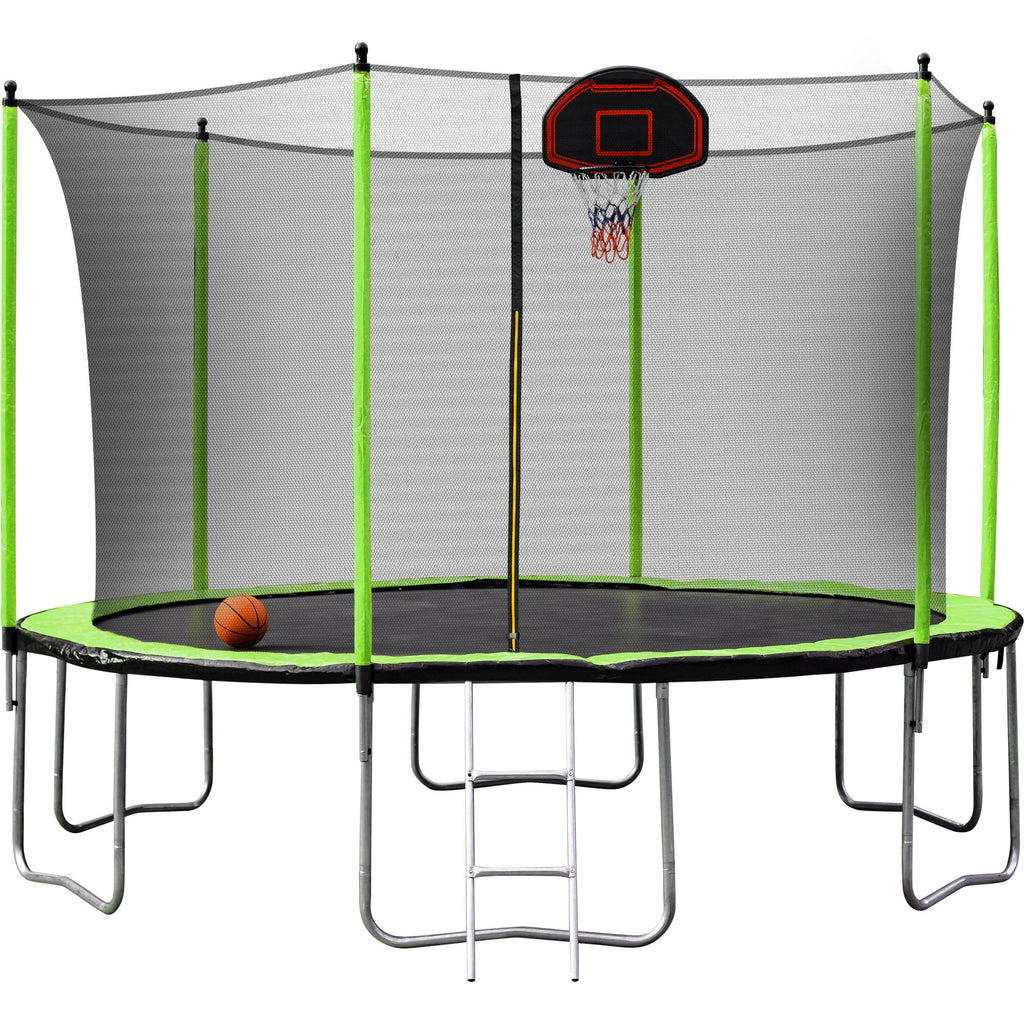 Yeah Depot - 14FT Trampoline with Basketball Hoop Inflator and Ladder(Inner Safety Enclosure) Green