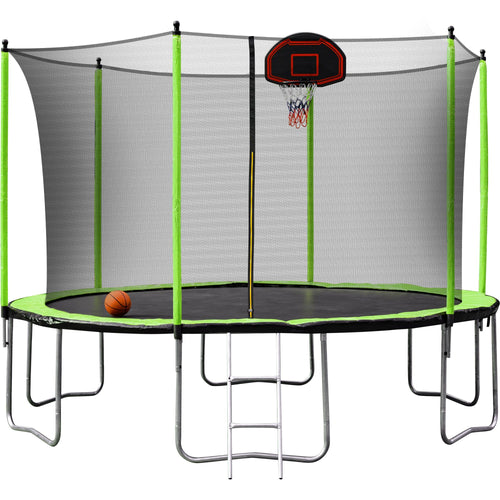 Yeah Depot - 14FT Trampoline with Basketball Hoop Inflator and Ladder(Inner Safety Enclosure) Green
