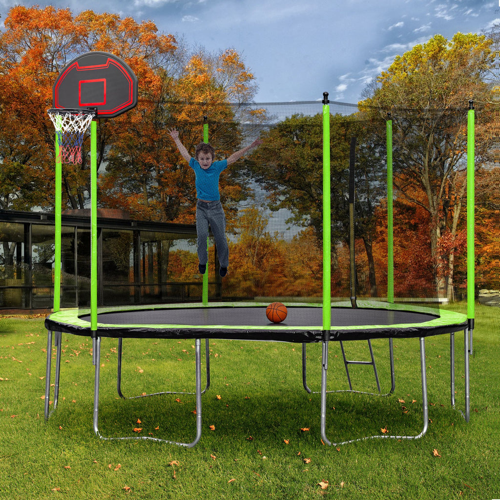Yeah Depot - 14FT Trampoline with Basketball Hoop Inflator and Ladder(Inner Safety Enclosure) Green