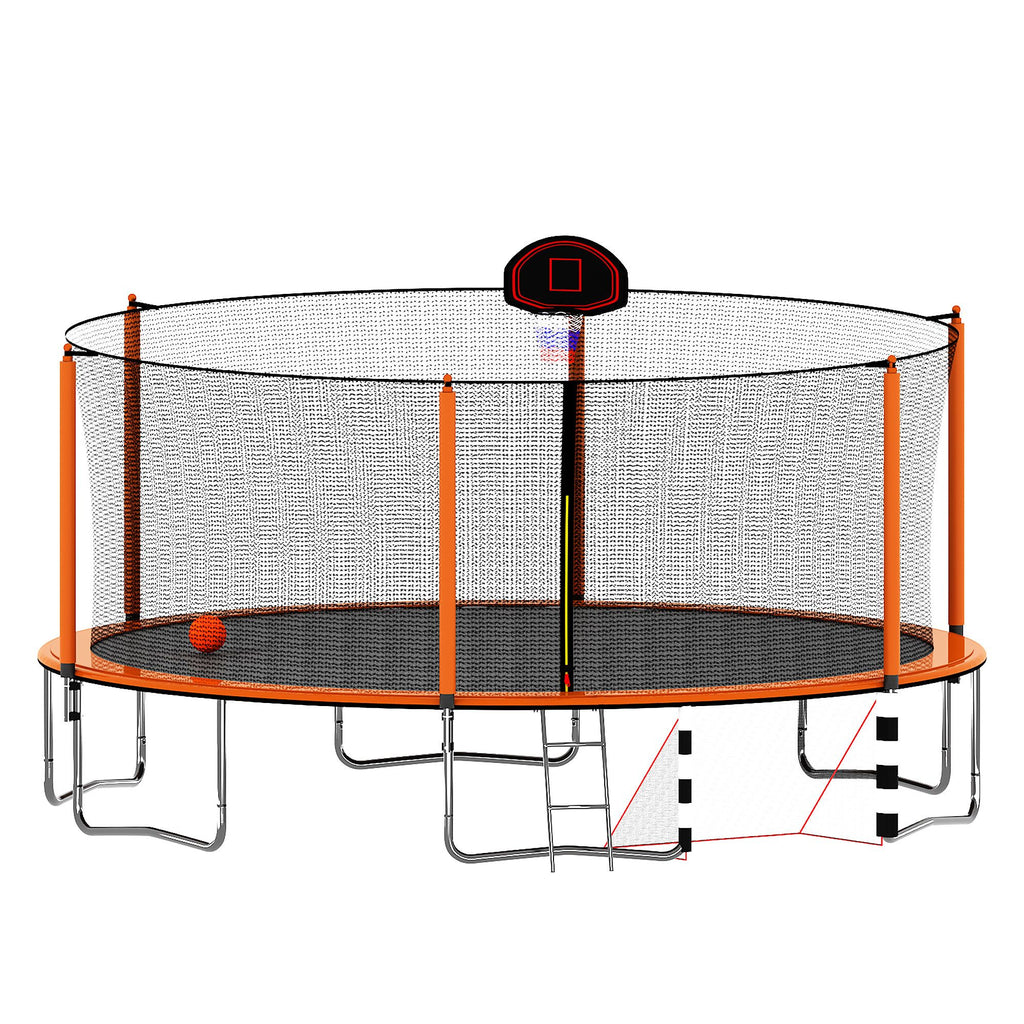 Yeah Depot - 16FT Trampoline with Basketball Hoop pump and Ladder(Inner Safety Enclosure) with soccer goal orange