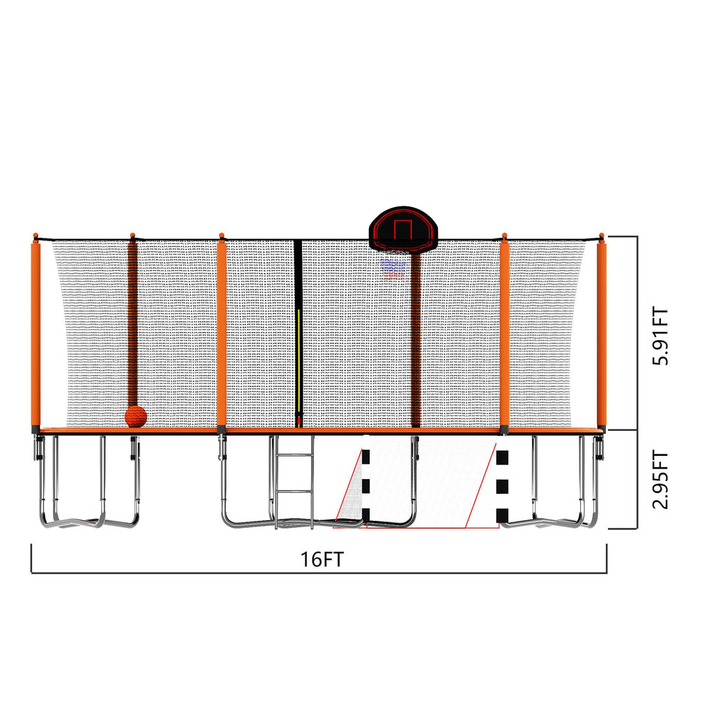 Yeah Depot - 16FT Trampoline with Basketball Hoop pump and Ladder(Inner Safety Enclosure) with soccer goal orange