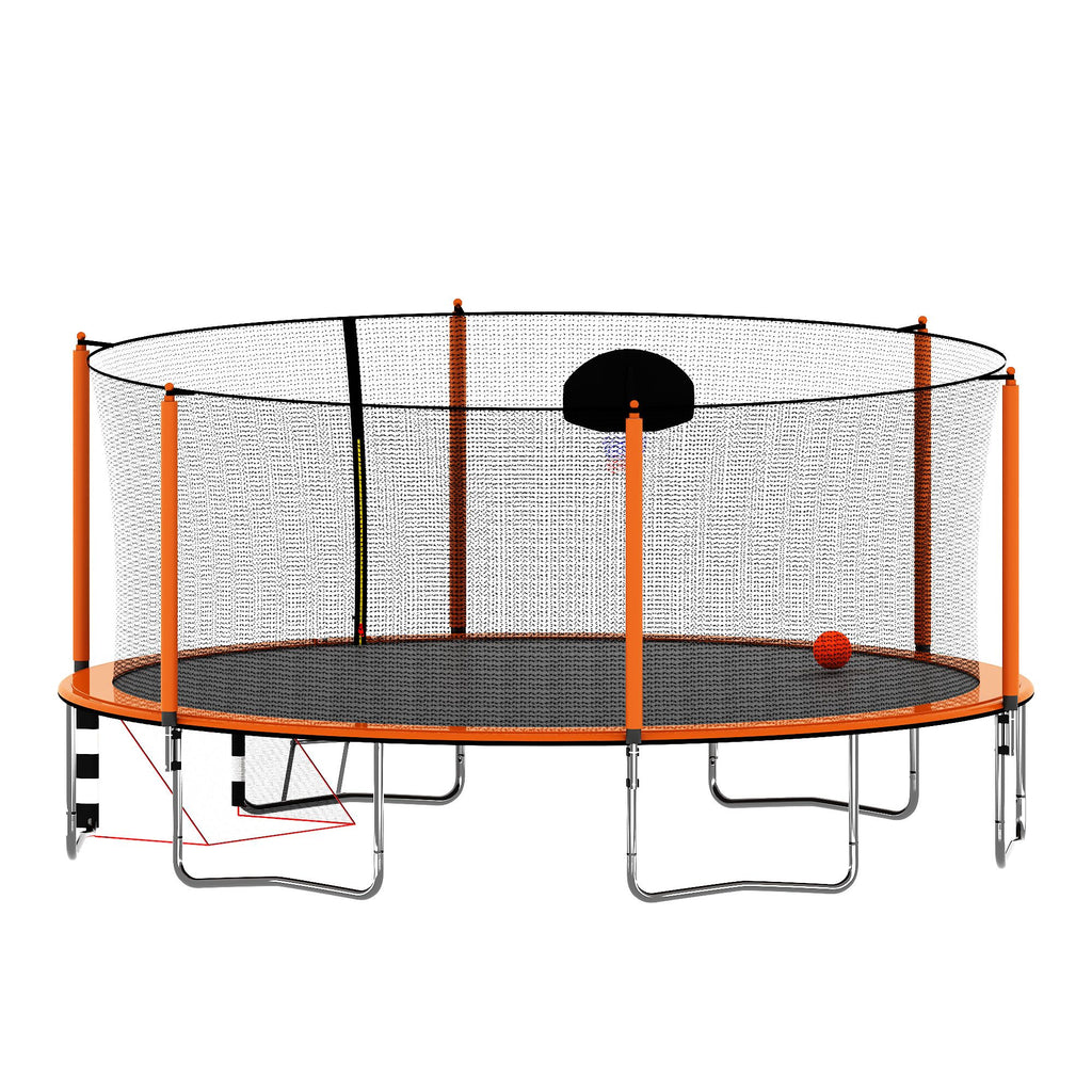 Yeah Depot - 16FT Trampoline with Basketball Hoop pump and Ladder(Inner Safety Enclosure) with soccer goal orange