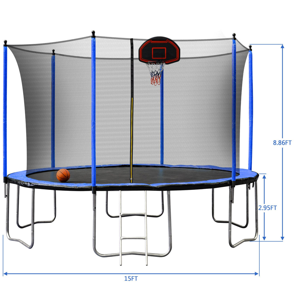 Yeah Depot - 15FT Trampoline with Basketball Hoop Inflator and Ladder(Inner Safety Enclosure) Blue