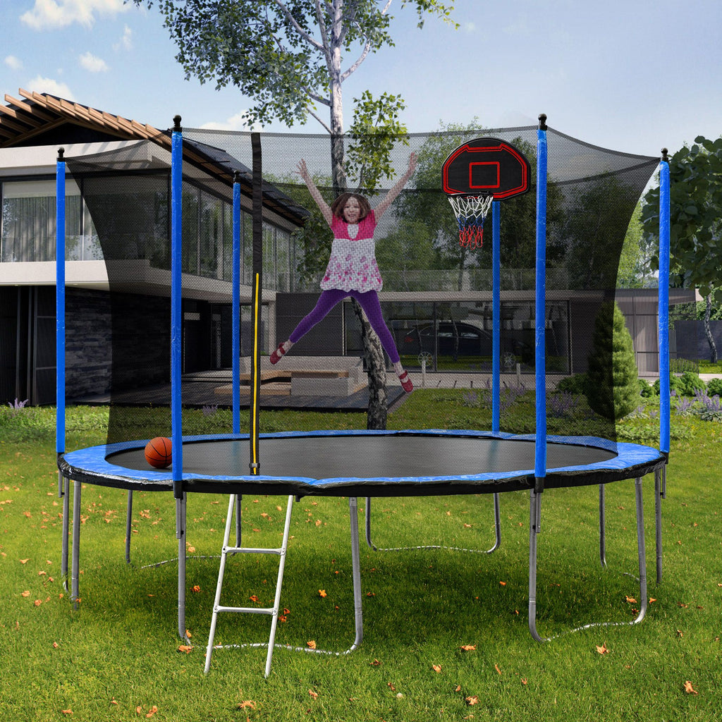 Yeah Depot - 15FT Trampoline with Basketball Hoop Inflator and Ladder(Inner Safety Enclosure) Blue