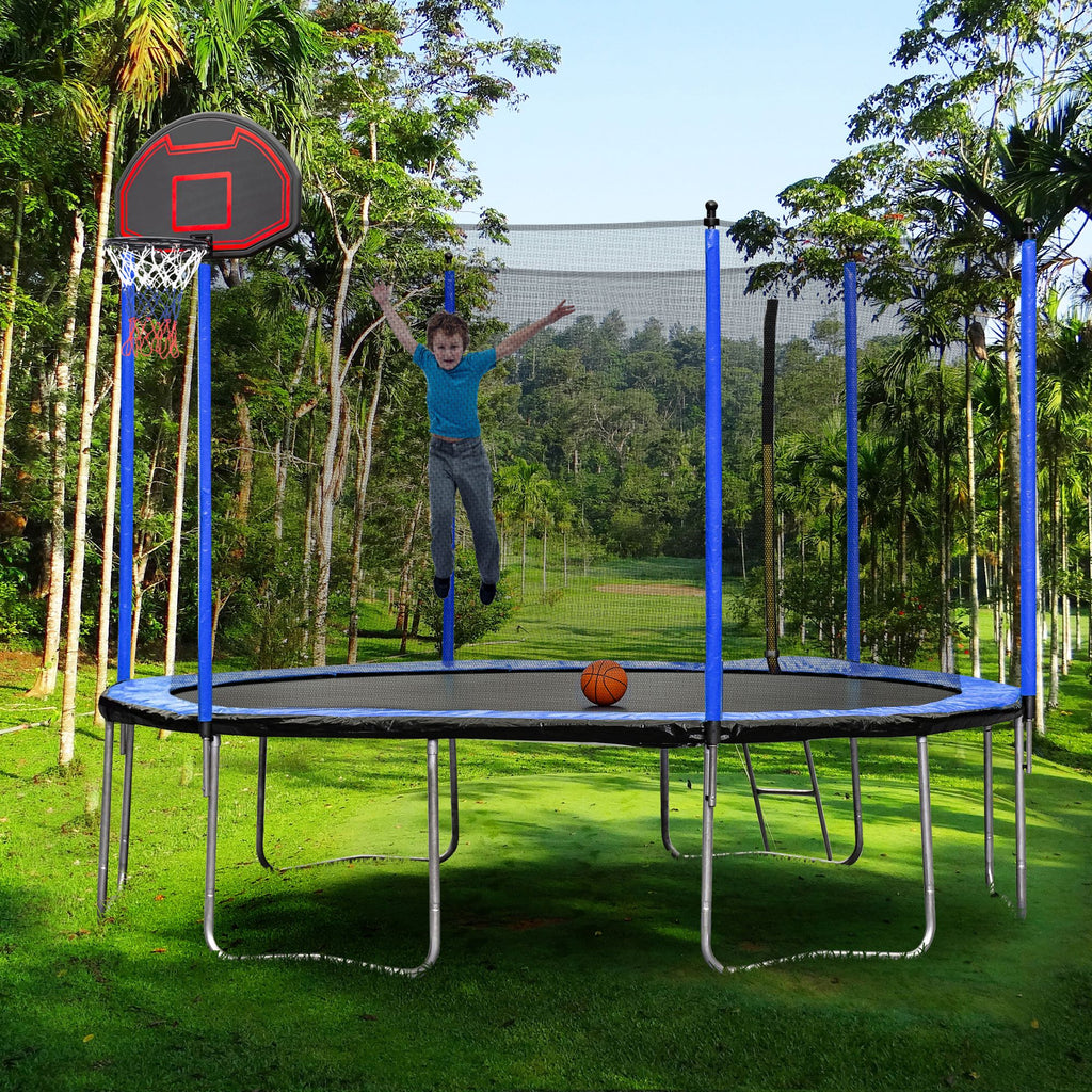 Yeah Depot - 15FT Trampoline with Basketball Hoop Inflator and Ladder(Inner Safety Enclosure) Blue