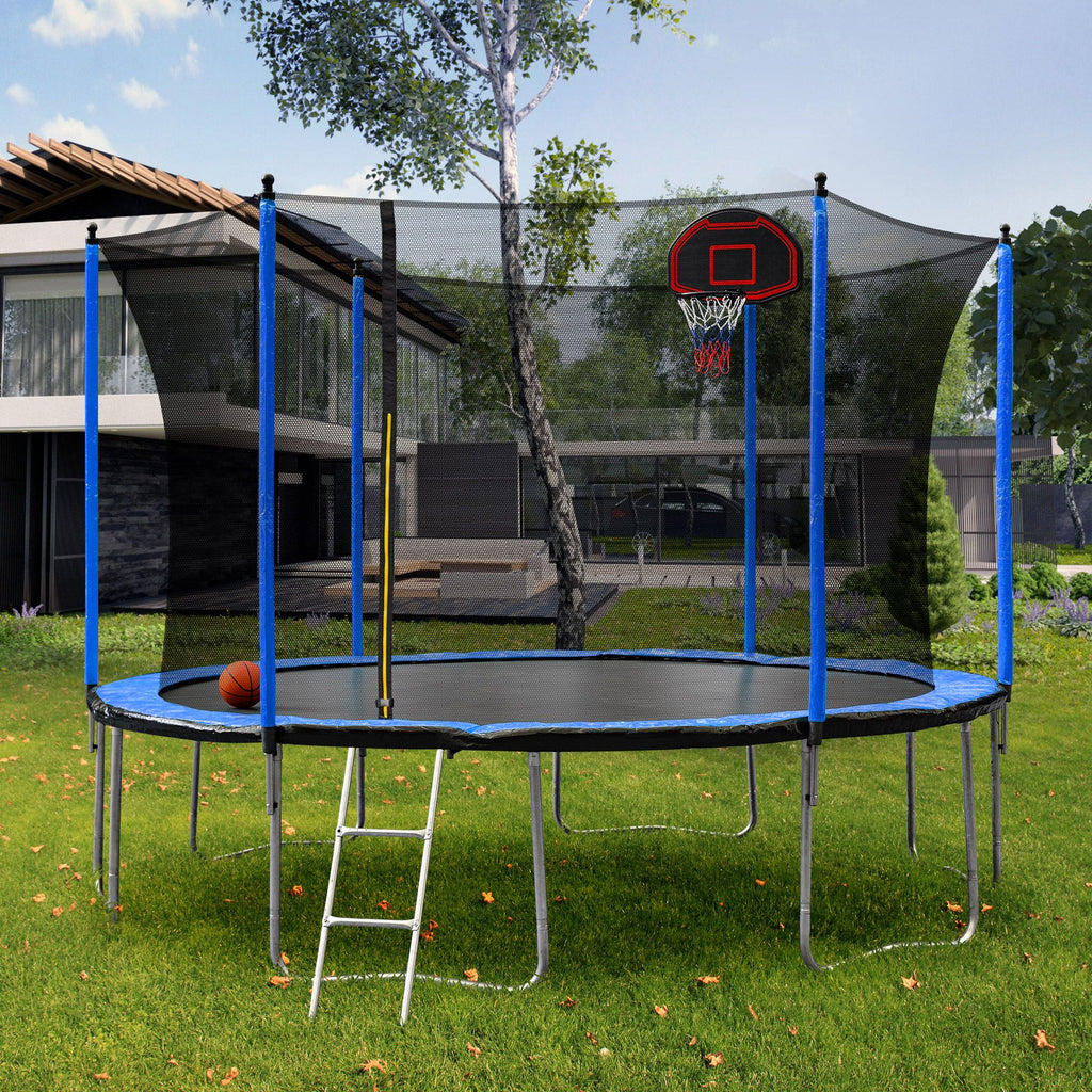 Yeah Depot - 15FT Trampoline with Basketball Hoop Inflator and Ladder(Inner Safety Enclosure) Blue