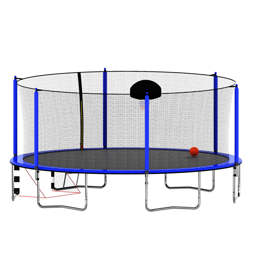 Yeah Depot - 16FT Trampoline with Basketball Hoop pump and Ladder(Inner Safety Enclosure) with soccer goal blue