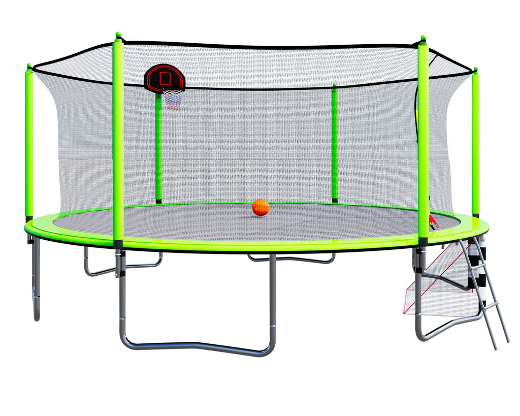 Yeah Depot - 16FT Trampoline with Basketball Hoop pump and Ladder(Inner Safety Enclosure) with soccer goal Green