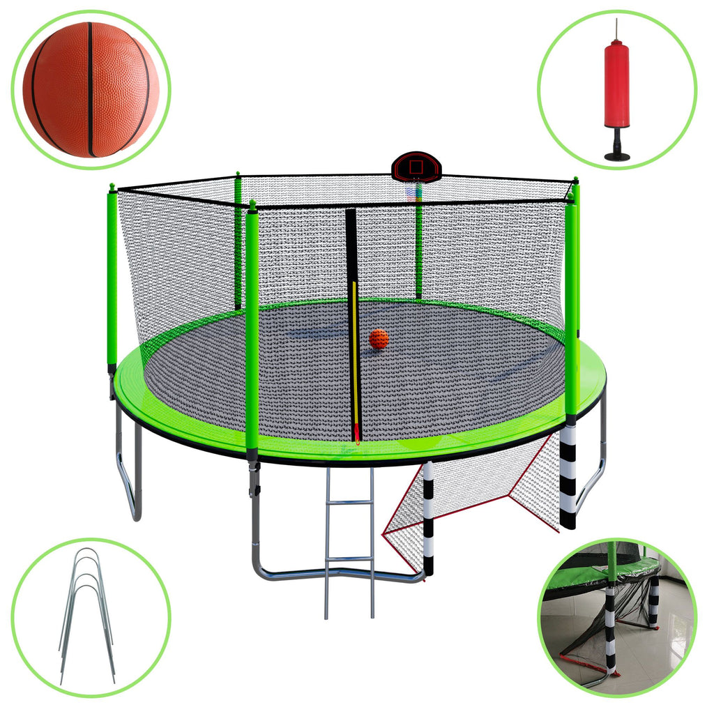Yeah Depot - 16FT Trampoline with Basketball Hoop pump and Ladder(Inner Safety Enclosure) with soccer goal Green