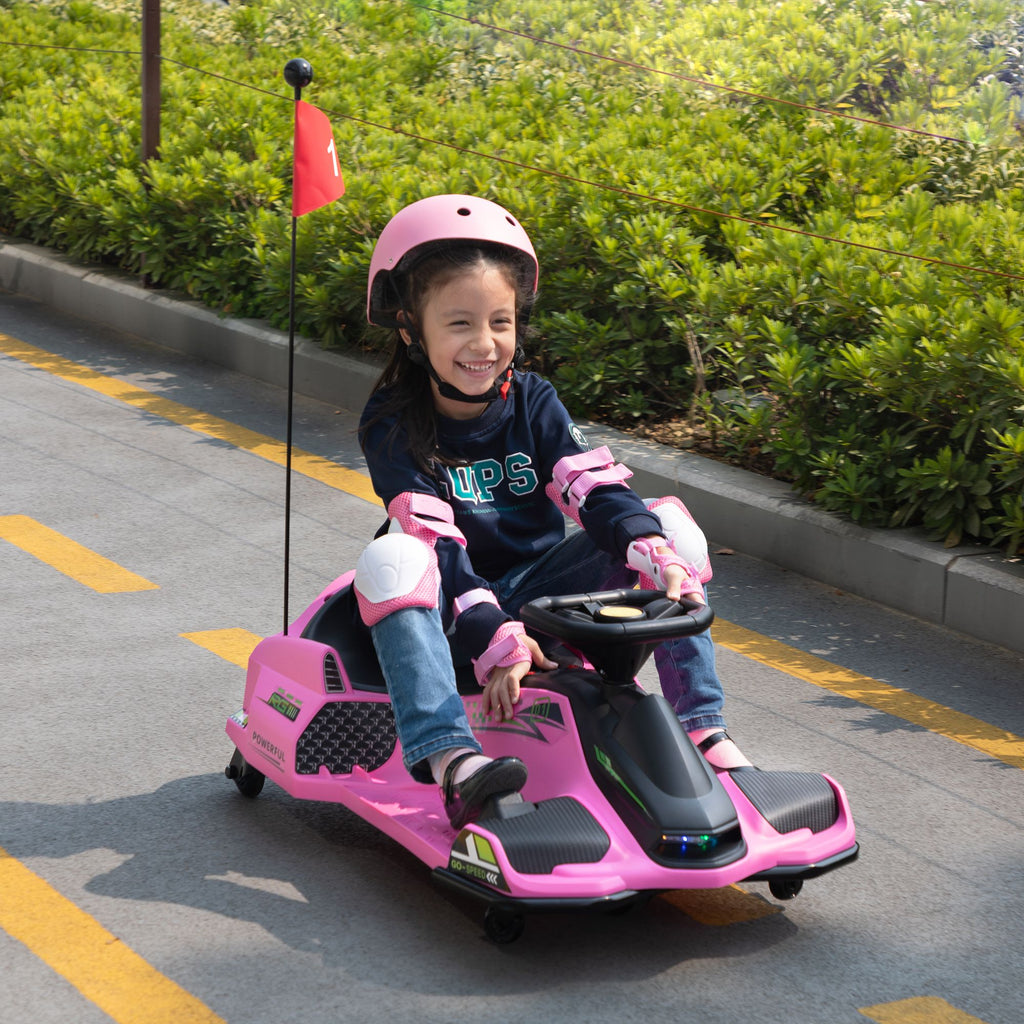 Yeah Depot - 12V Kids Ride-On Drifting Car, Electric Go Kart w/ MP3, USB, LED Lights, High-Low Speed, Power Display, Protector, Battery Powered Racing Vehicle Toy Gift for Children, 8-12 Years Old,Pink
