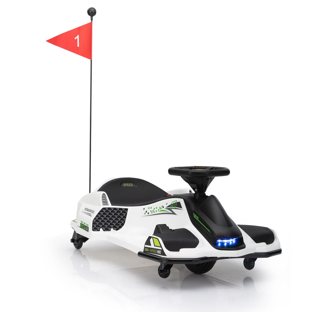 Yeah Depot - 12V Kids Ride-On Drifting Car, Electric Go Kart w/ MP3, USB, LED Lights, High-Low Speed, Power Display, Protector, Battery Powered Racing Vehicle Toy Gift for Children, 8-12 Years Old, White