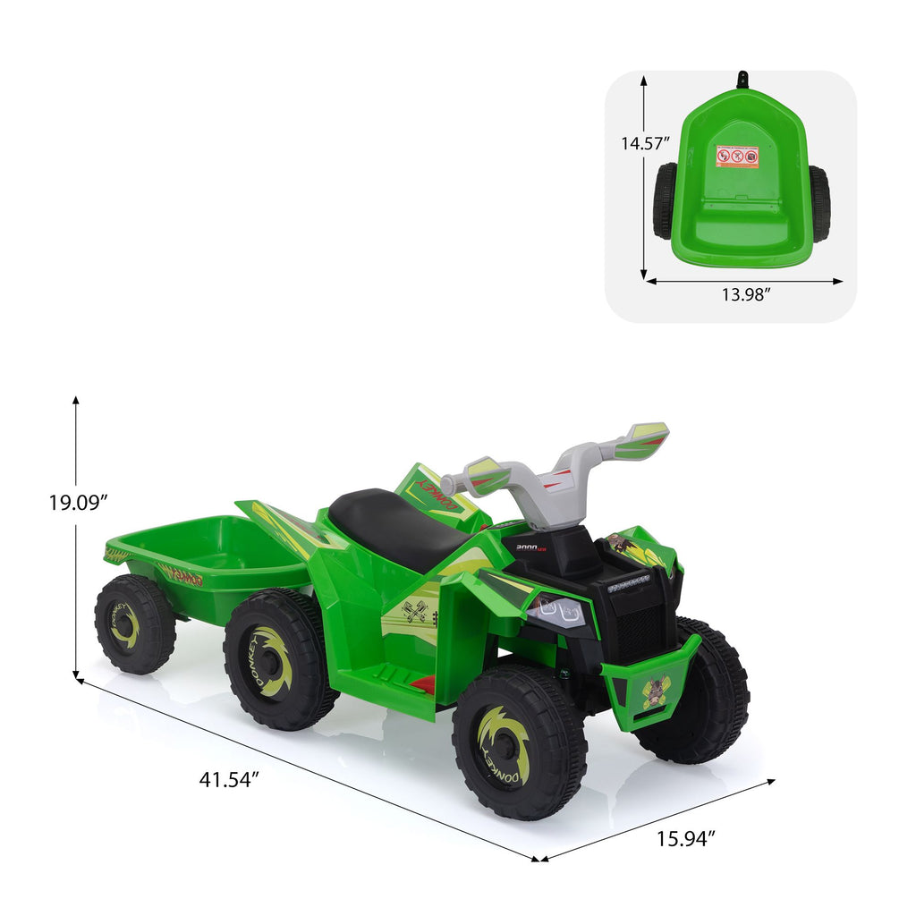 Yeah Depot - 6V Kids Electric ATV, Toddler Ride on Car with Trailer, Music, Bluetooth and Power Display for Boys and Girls, Green