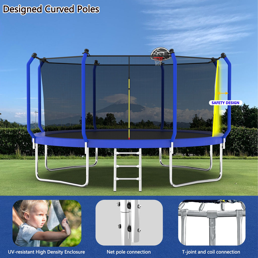 Yeah Depot - 14FT Trampoline with Basketball Hoop, ASTM Approved Reinforced Type Outdoor Trampoline with Enclosure Net