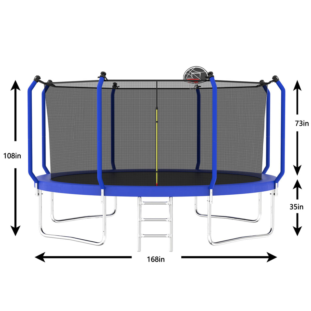 Yeah Depot - 14FT Trampoline with Basketball Hoop, ASTM Approved Reinforced Type Outdoor Trampoline with Enclosure Net
