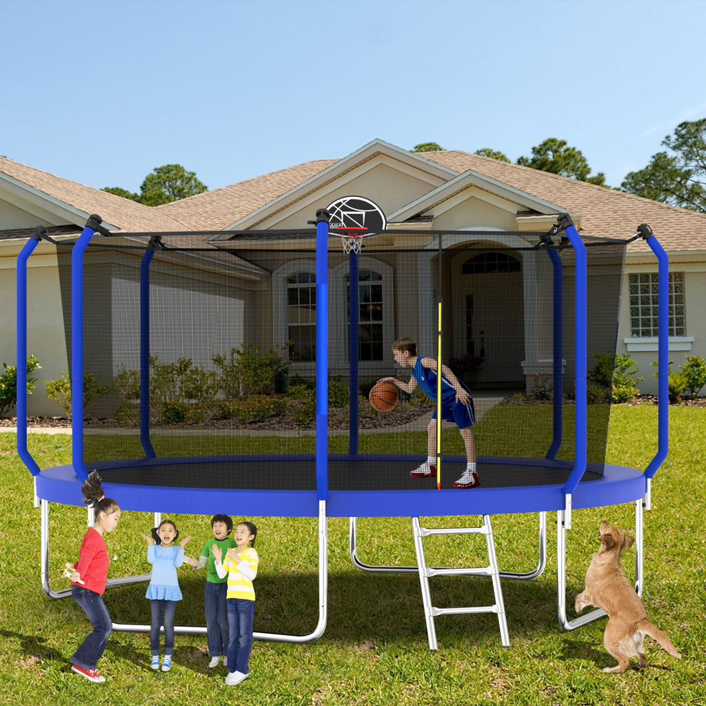 Yeah Depot - 14FT Trampoline with Basketball Hoop, ASTM Approved Reinforced Type Outdoor Trampoline with Enclosure Net