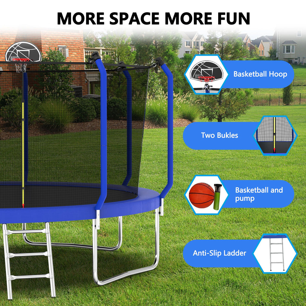 Yeah Depot - 14FT Trampoline with Basketball Hoop, ASTM Approved Reinforced Type Outdoor Trampoline with Enclosure Net