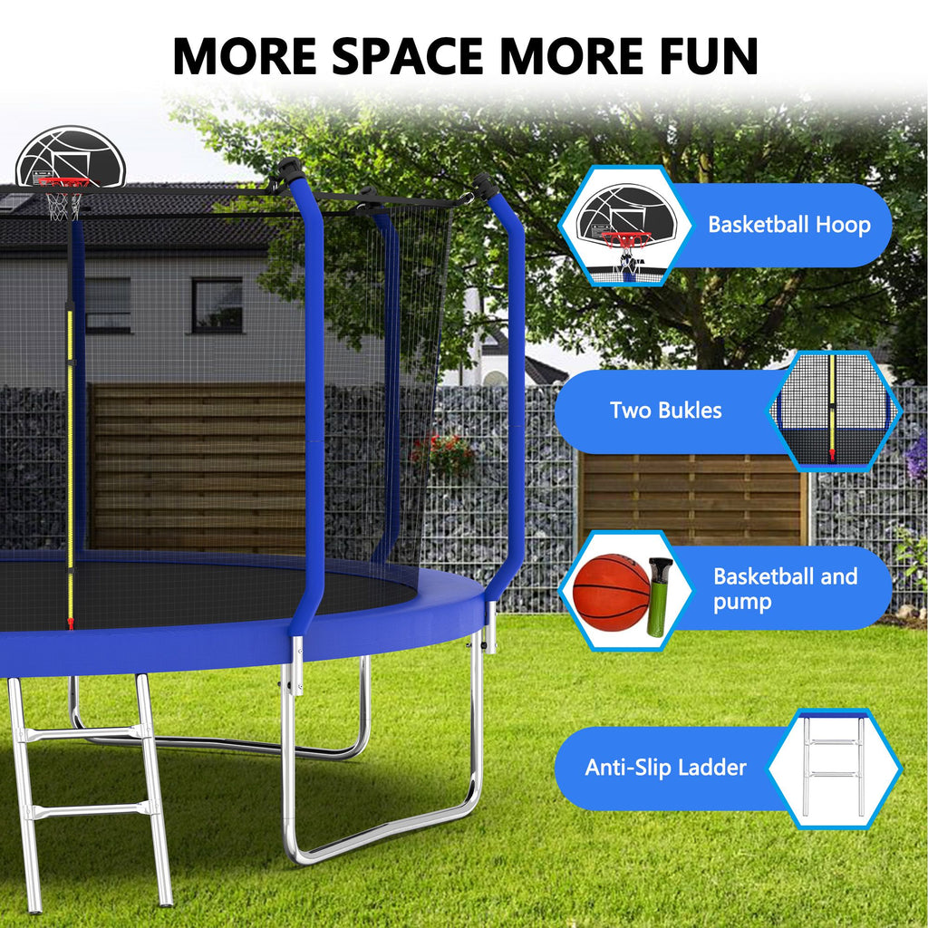 Yeah Depot - 12FT Trampoline with Basketball Hoop, ASTM Approved Reinforced Type Outdoor Trampoline with Enclosure Net