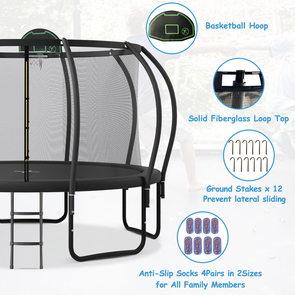 Yeah Depot - 16FT Trampoline for Kids with Upgraded ArcPole and Composite TopLoop for Safety Enclosure, Plus Basketball Board and 12 Ground Stakes, Outdoor Recreational Playset Balance Physical Training Trampoline