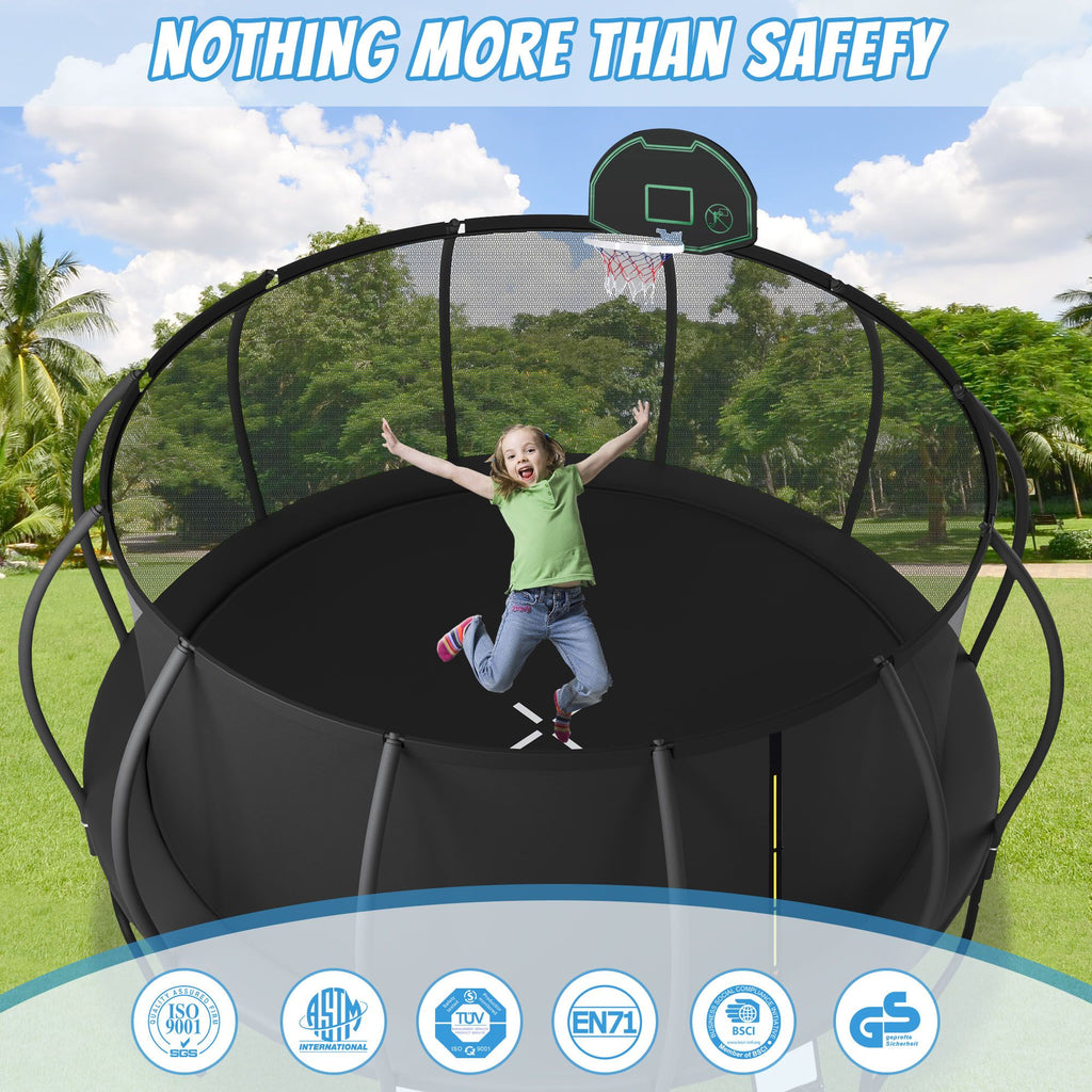 Yeah Depot - 16FT Trampoline for Kids with Upgraded ArcPole and Composite TopLoop for Safety Enclosure, Plus Basketball Board and 12 Ground Stakes, Outdoor Recreational Playset Balance Physical Training Trampoline