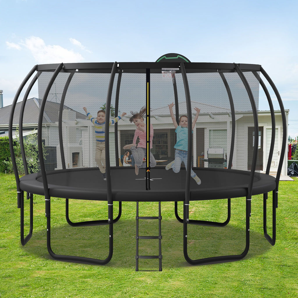 Yeah Depot - 16FT Trampoline for Kids with Upgraded ArcPole and Composite TopLoop for Safety Enclosure, Plus Basketball Board and 12 Ground Stakes, Outdoor Recreational Playset Balance Physical Training Trampoline