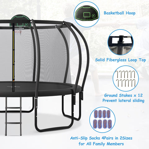 Yeah Depot - 15FT Trampoline for Kids with Upgraded ArcPole and Composite TopLoop for Safety Enclosure, Plus Basketball Board and 12 Ground Stakes, Outdoor Recreational Playset Balance Physical Training Trampoline