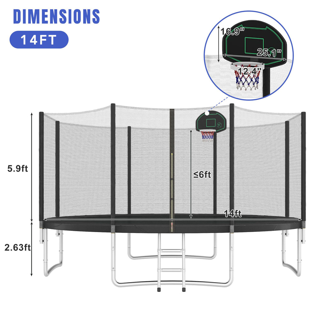 Yeah Depot - 14FT Trampoline for Kids with Safety Enclosure Net, Basketball Hoop and Ladder, Easy Assembly Round Outdoor Recreational Trampoline