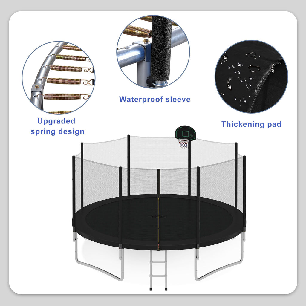 Yeah Depot - 14FT Trampoline for Kids with Safety Enclosure Net, Basketball Hoop and Ladder, Easy Assembly Round Outdoor Recreational Trampoline