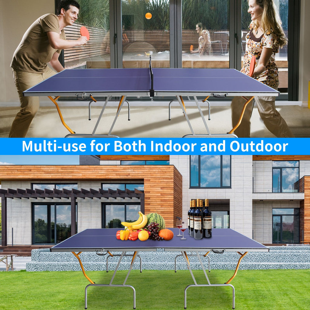 Yeah Depot - 8ft Mid-Size Table Tennis Table Foldable & Portable Ping Pong Table Set for Indoor & Outdoor Games with Net, 2 Table Tennis Paddles and 3 Balls