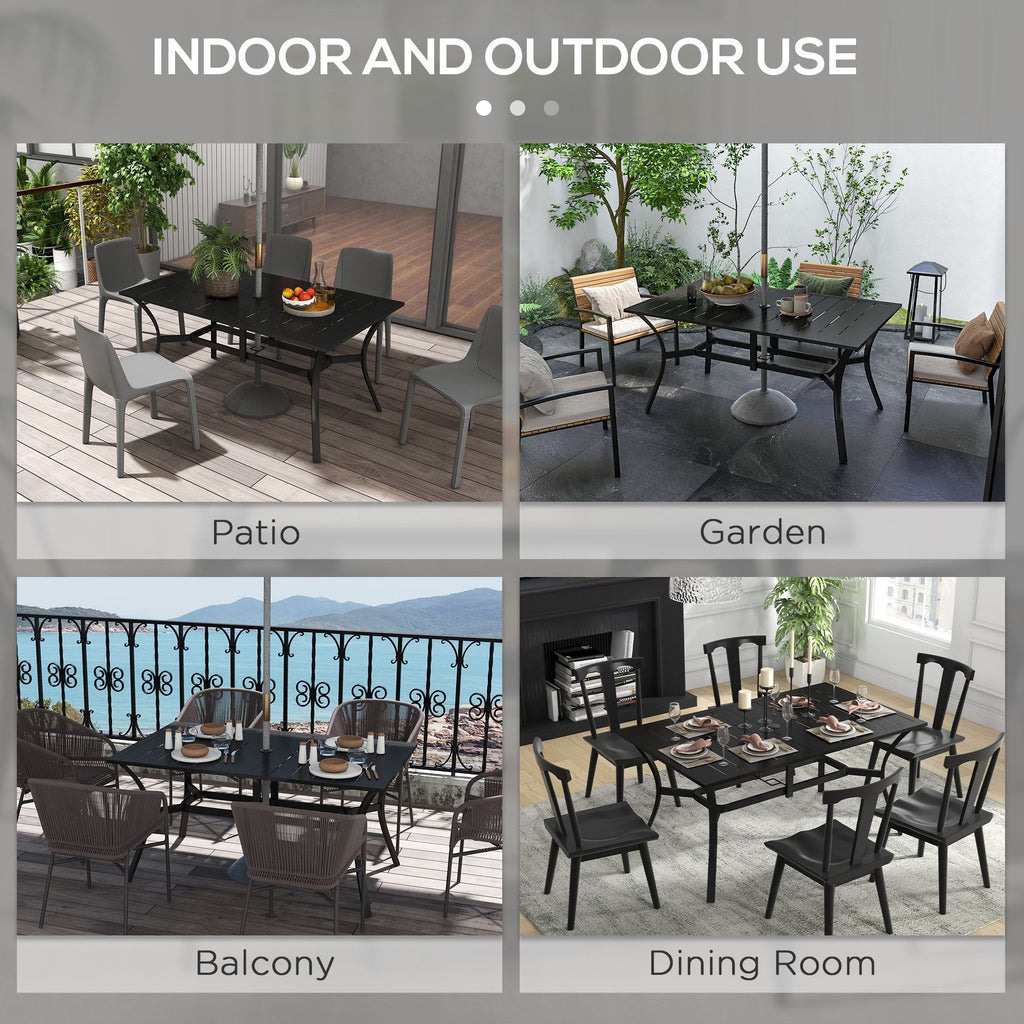 Yeah Depot - Outsunny Rectangle Outdoor Dining Table for 6 People, Steel Rectangular Patio Table with Umbrella Hole, Steel Frame for Garden, Balcony, Black