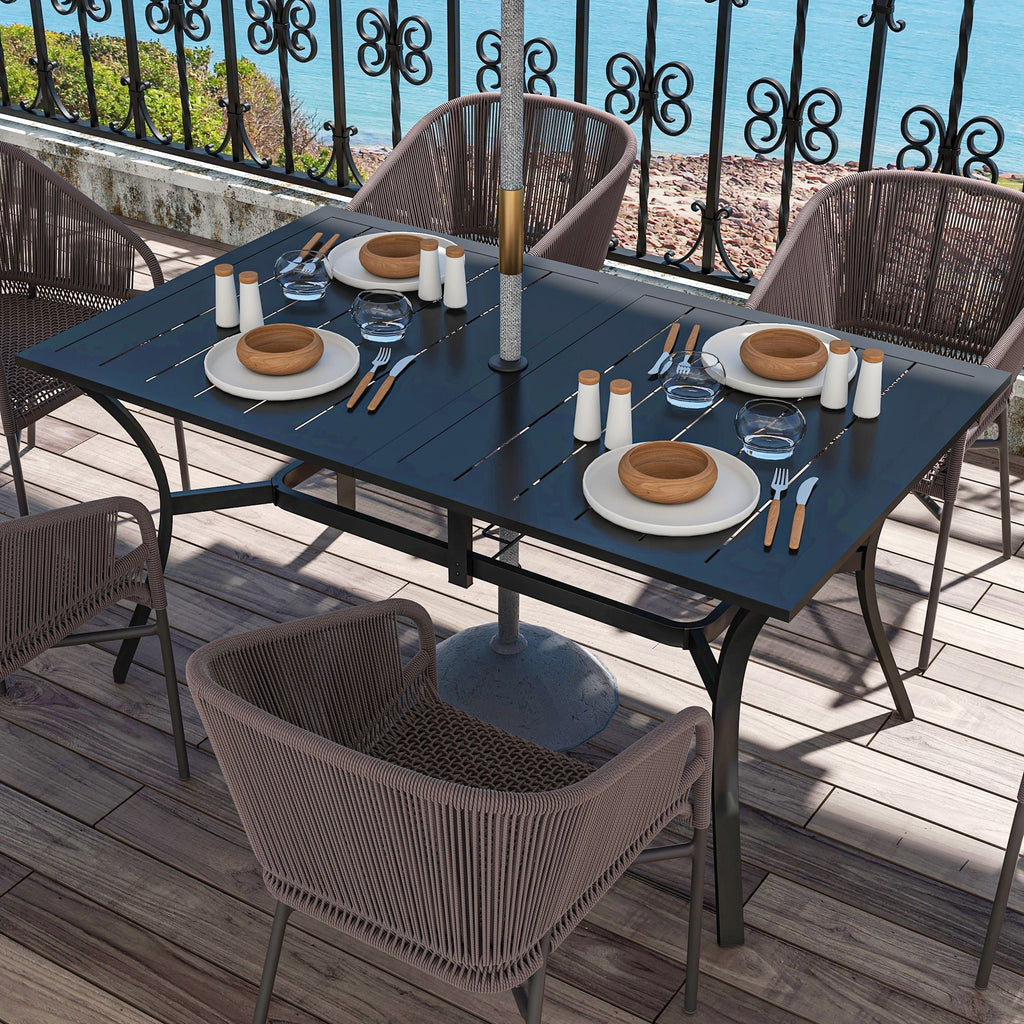 Yeah Depot - Outsunny Rectangle Outdoor Dining Table for 6 People, Steel Rectangular Patio Table with Umbrella Hole, Steel Frame for Garden, Balcony, Black