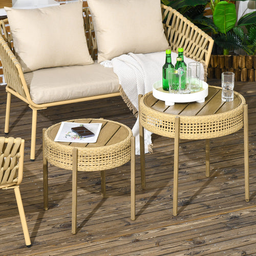 Yeah Depot - Outsunny 2 Piece Wicker Patio Table Set, PE Rattan End Table Set, Outdoor Round Coffee Table Set, Multi-Functional, Slatted Metal Top, Brown