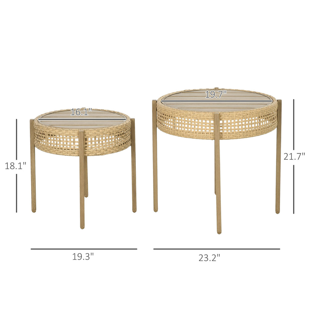 Yeah Depot - Outsunny 2 Piece Wicker Patio Table Set, PE Rattan End Table Set, Outdoor Round Coffee Table Set, Multi-Functional, Slatted Metal Top, Brown