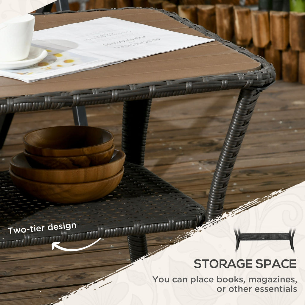 Yeah Depot - Outsunny Patio PE Rattan Coffee Table with Storage Shelf, Hand-Woven Wicker Outdoor Side Table, 2-Layer Storage Table with Wood-plastic Composite Top, for Garden, Porch, Backyard, Mixed Brown