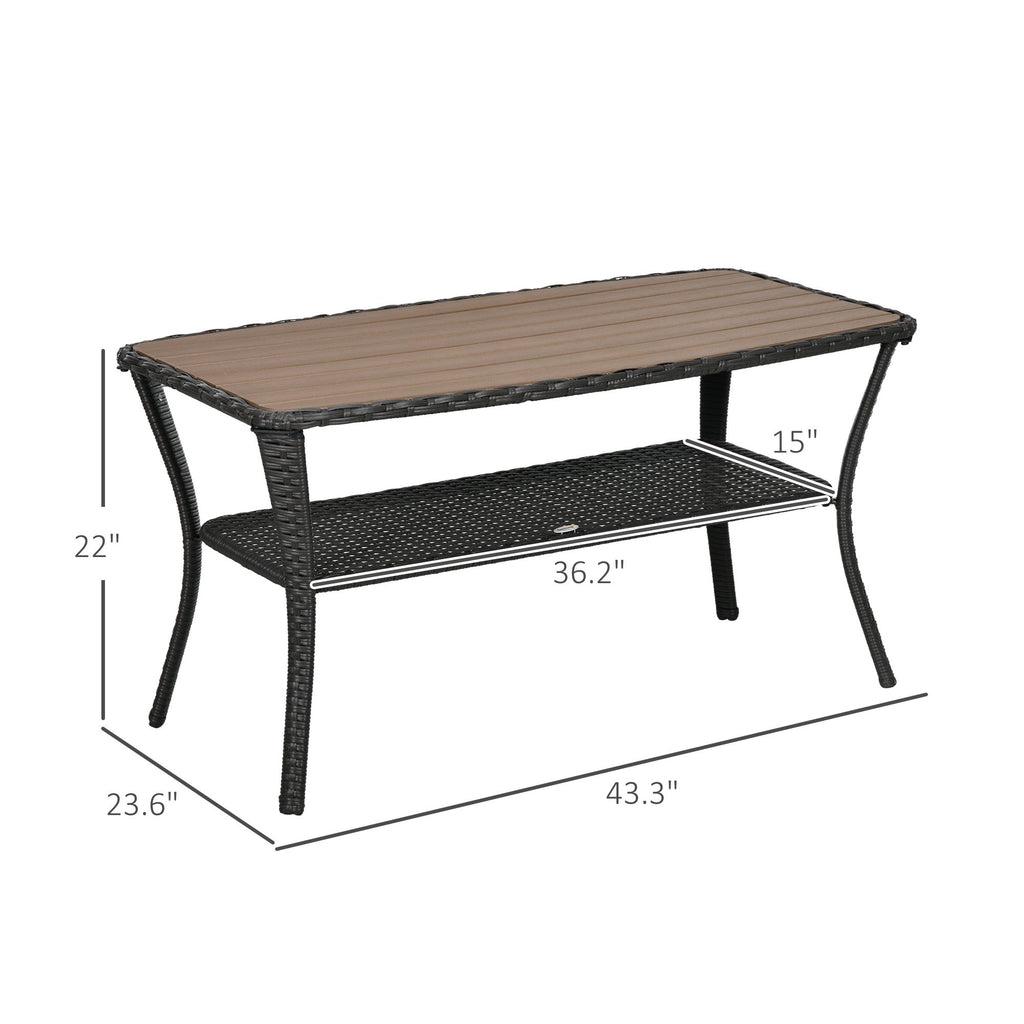 Yeah Depot - Outsunny Patio PE Rattan Coffee Table with Storage Shelf, Hand-Woven Wicker Outdoor Side Table, 2-Layer Storage Table with Wood-plastic Composite Top, for Garden, Porch, Backyard, Mixed Brown