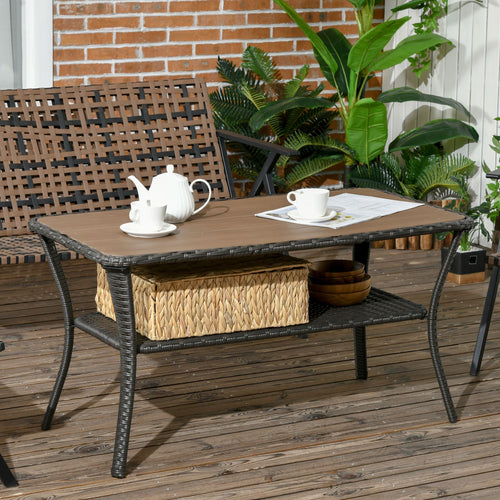 Yeah Depot - Outsunny Patio PE Rattan Coffee Table with Storage Shelf, Hand-Woven Wicker Outdoor Side Table, 2-Layer Storage Table with Wood-plastic Composite Top, for Garden, Porch, Backyard, Mixed Brown